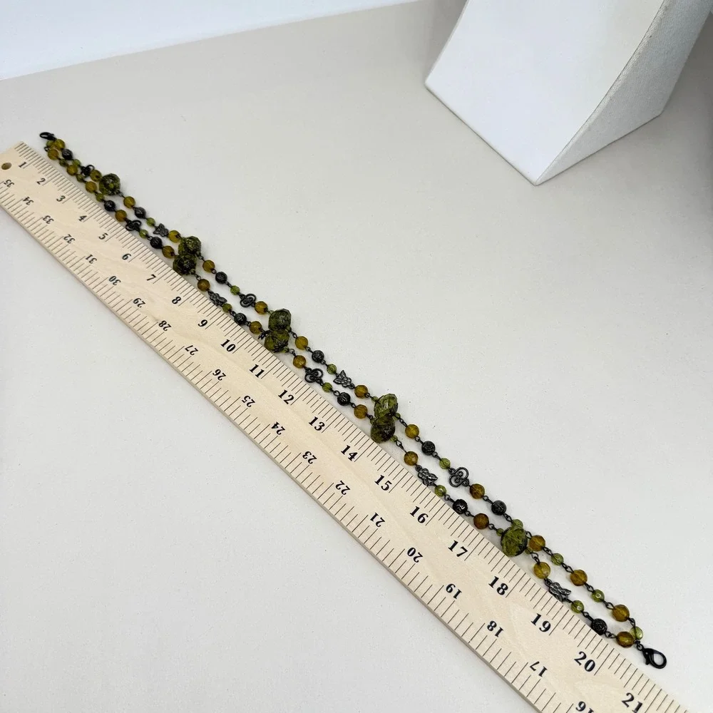 Faceted‎ Bead Necklace Green Olive Tone Metal Accents Neutral